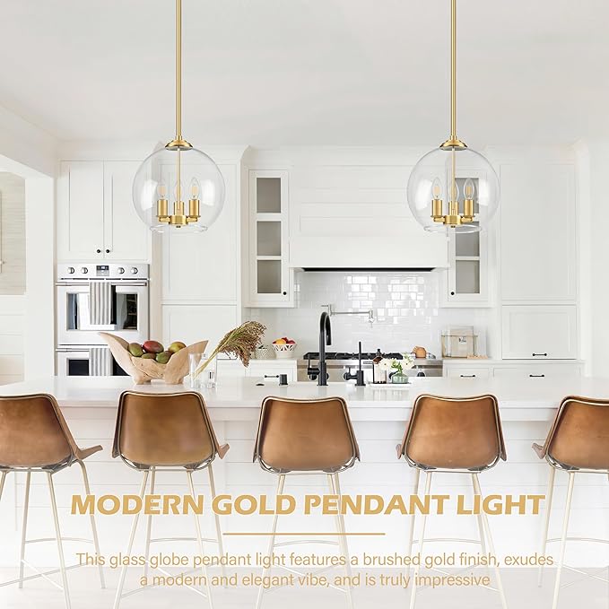 12" Gold Pendant Lights Glass Globe Pendant Light Fixture Bedroom Mid Century Modern Pendant Lighting Brass Pendant Light for Kitchen Island Bedroom Living Room Dinning Room (Bulb Incl.)