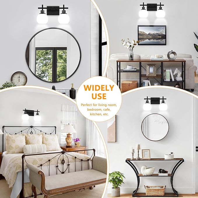Dpyrrhic 2-Light Black Bathroom Lighting Fixtures Over Mirror,Modern Vanity Lighting Fixtures,Bathroom Wall Mounted Vanity Light with Milky White Glass Lampshade for Living Room，Bedroom，Hallway