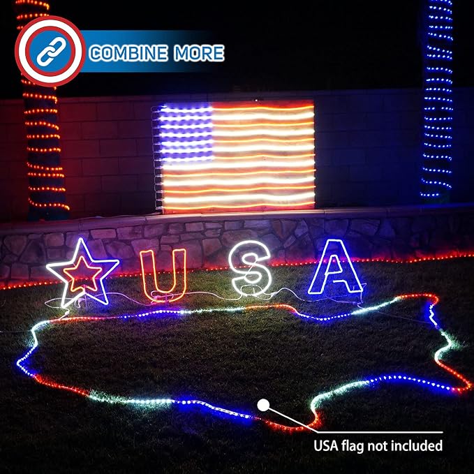Russell Decor USA Patriotic Yard Sign Liights Star with 4-Level Dimmable Controller Waterproof Outdoor lights Red White Blue (6 ft x 2 ft)