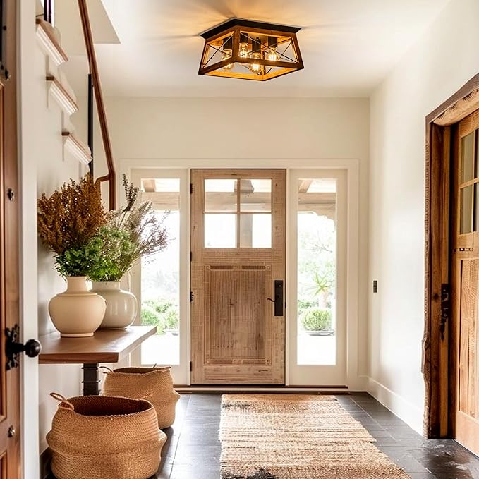 Farmhouse Light Fixture, 4-Light Rustic Ceiling Light, Trapeziform Wood Flush Mount Ceiling Light for Kitchen, Hallway, Entryway, Bedroom
