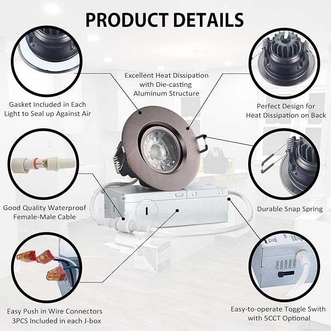 POPANU Premium Canless Recessed Gimbal Downlight Rotatable-Spotlight 5 CCT 3 Inch Eyeball Ceilling Potlight, Dimmable Recessed Lights Fixture with Junction Box, 8W, Oil Rubbed Bronze, 6P