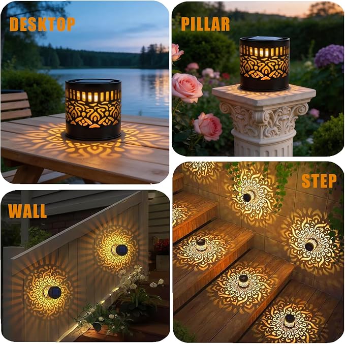 2-Pack Solar Mandala Fence Lights, Decorative Outdoor Solar Lights | Waterproof Metal Mandala Lights for Garden Patio Backyard Deck Post Decor