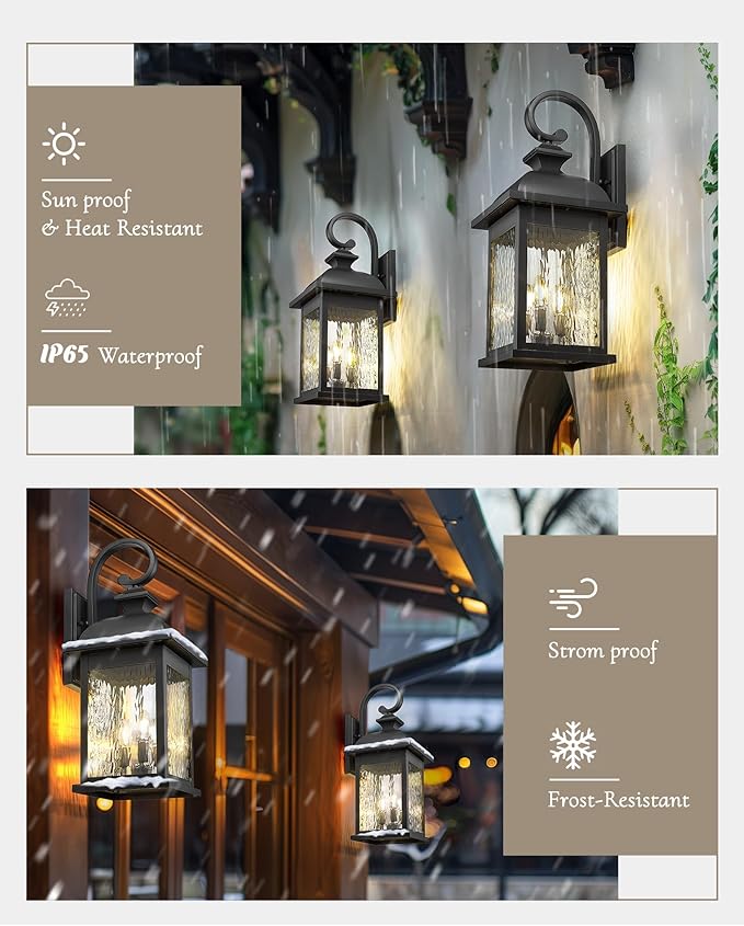 FEMILA 26" Outdoor Wall Light, Large Exterior Wall Lantern with Water Ripple Glass, 3-Light Outdoor Wall Light Fixtures for Entryway, Patio, Garage, Doorway, E12 Base, 4FD54B-L BK