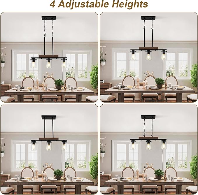 23.6'' Kitchen Island Light Fixtures, 3-Light Dining Room Light Fixture Chandelier Over Table, Black Modern Rustic Wood Ceiling Pendant Light Fixtures, with Clear Glass Shade, Farmhouse Chandelier