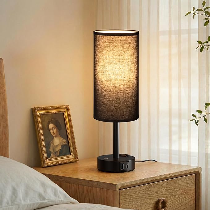 Touch Bedside Table Lamp with Memory - Stepless Dimmable Lamp for Bedroom, Small Nightstand Lamp with Dual USB Charging Ports and AC Outlet, Wood Night Light, Deak Lamp for Nursery, (Black & Black)