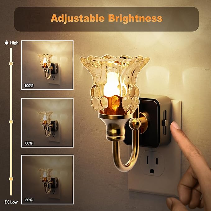JandCase Night Light, 2 Pack Floral Night Lights Plug into Wall, Glass Flower LED Nightlight, 0-100 LM Dimmable Nightlights with Light Sensor, 1W Vintage Nite Light for Bathroom Gift Vanity Decor