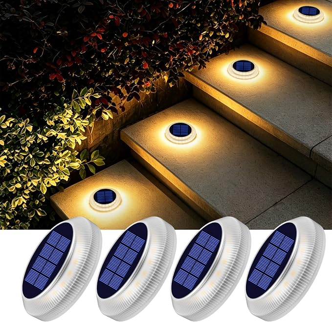 Solar Step Lights Outdoor Waterproof Stick on Boat Dock Flat Deck Stair Lights Solar Powered for Outside Patio Driveway Marker Concrete Ground Walkways Sidewalk Pathway Auto On/Off (Warm White 4 Pack)