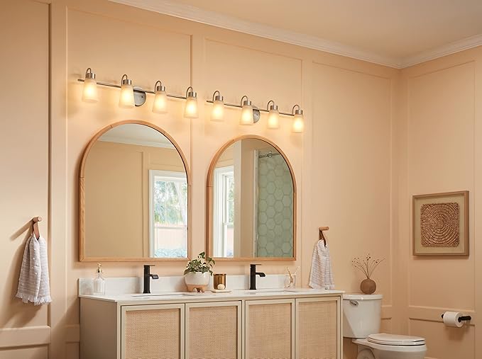 Kichler Stamos 4-Light Bathroom Vanity Light Fixture with Satin Etched Glass Shades, 26 in Modern Wall Light in Brushed Nickel for Bathroom Mirror (26 in x 8 in x 5 in), 55122NI