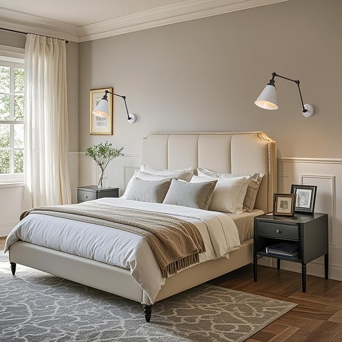 JONATHAN Y 7" White/Oil Rubbed Bronze Classic Industrial Metal Adjustable Arm LED Wall Sconce for Bedside Reading, Farmhouse Swing Arm Wall Lamp with Metal Shade, Hardwired (JYL7462C-SET2)