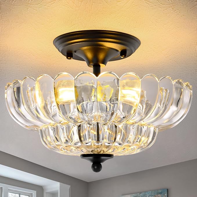 HuixuTe Modern Semi Flush Mount Ceiling Light, 3-Light Black Close to Ceiling Light Fixture with Clear Glass Shade for Living Room Entryway Bedroom