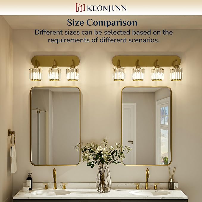 Keonjinn 4-Light Bathroom Light Fixtures, Crystal Gold Bathroom Vanity Lights Over Mirror, Vanity Lighting Fixtures with Crystal Square Shades (E26 Socket, Exclude Bulb)