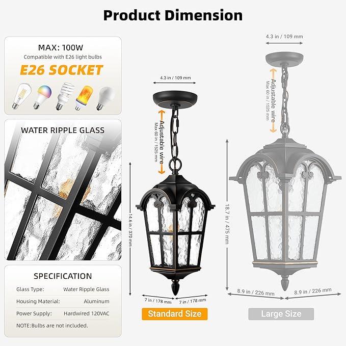 VIANIS Black Outdoor Pendant Light Lantern with Gold Trim, Outdoor Hanging Lights with Ripple Glass, Aluminum Outside Chandelier for Porch Waterproof and Anti-rust, Ceiling Fixtures for House Entryway
