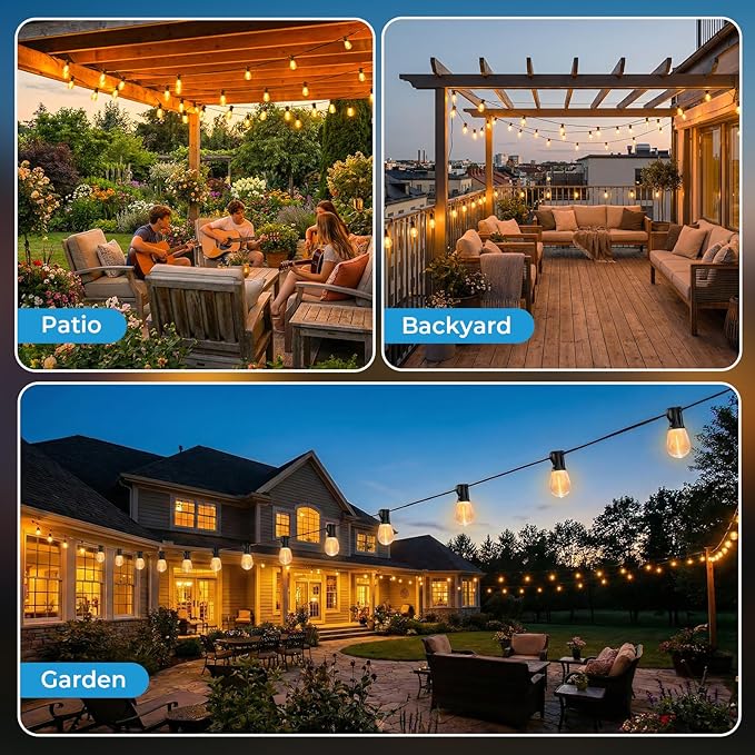 GvvooHome 100FT S11 LED Outdoor String Lights with App & Remote, Low-Voltage Patio Lights with Music Sync, 4 Lighting Modes, Dimmable, Waterproof LED Lights for Backyard, Porch, Garden, Deck, Party