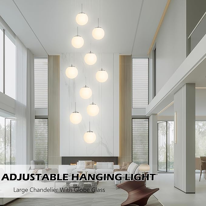 KoKo&Yukina 10 Light Globe Pendant Light Adjustable Hanging Light Staircase Chandelier Milk Glass Pendant Lights with Milky White Glass Shade Globe Lights for Staircase