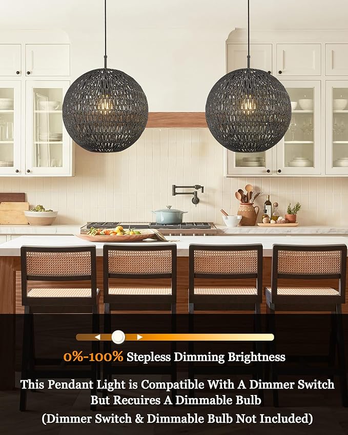 ELYONA Modern Woven Chandelier, 14" Large Boho Rattan Pendant Light Fixtures, Adjustable Globe Wicker Hanging Light for Dining Room Living Room Kitchen Island Farmhouse Foyer Bedroom Hallway, Black