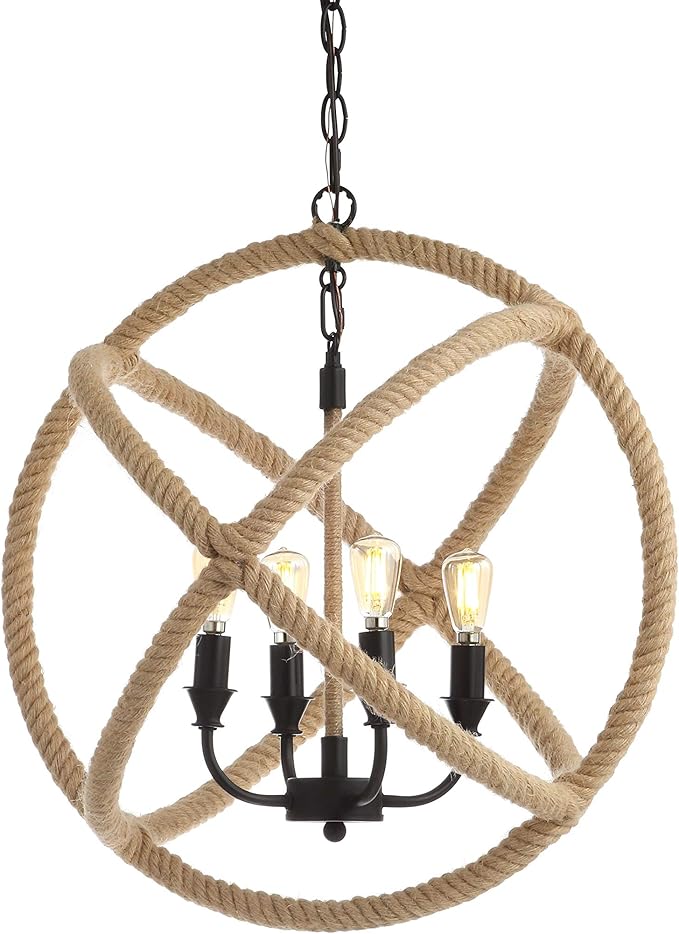 JONATHAN Y 20" Black/Brown 4-Light Iron and Rope Globe Pendant Light, Adjustable Height Coastal Farmhouse Chandelier for Kitchen Island Dining Room, LED Bulbs Included JYL9041A