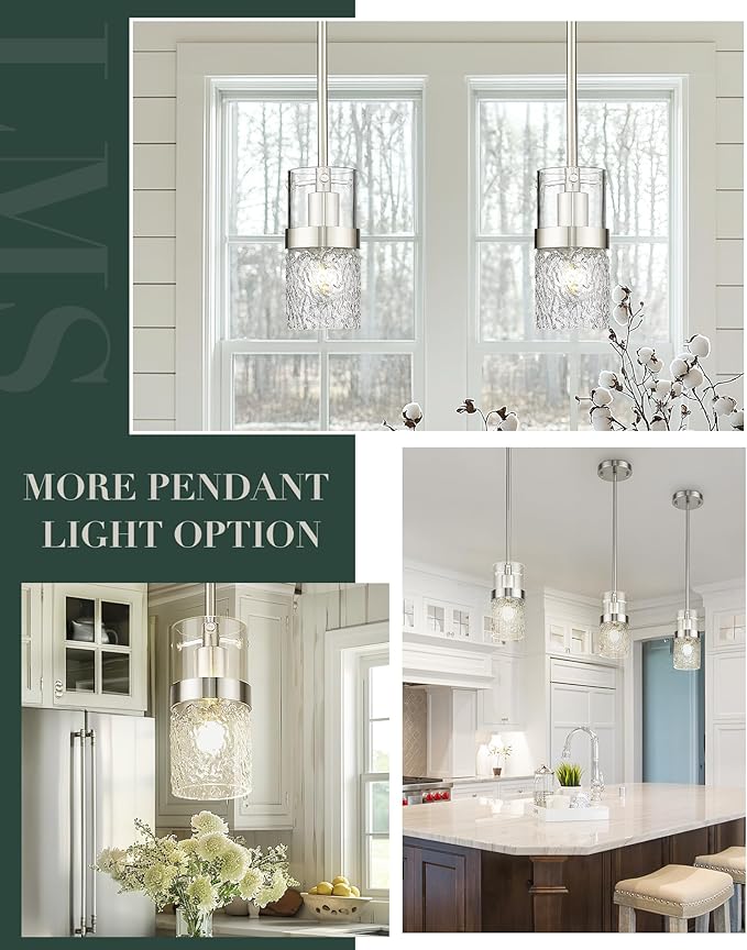 LMS Brushed Nickel Pendant Lights Kitchen Island 2 Pack, Modern Glass Pendant Light Fixtures with Hammered Glass, Adjustable Mini Hanging Light for Kitchen Island Sink Bathroom, LMS-171BN2
