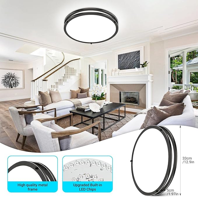 libtit 10Inch Flush Mount Ceiling Lights with Remote, 18W Dimmable LED Ceiling Light with Nightlight and Timer, 3000K-6500K Adjustable Black Light Fixture for Closet Kitchen Hallway Bathroom-2Pack