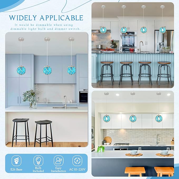 6" Blue Coastal Pendant Light Kitchen Island,Glass Globe Ocean Ceiling Light Fixture Beach House,Dimmable Hemp Rope Light Fixture Hanging For Bathroom Living Room Farmhouse Entry Bedroom(Bulb Incl.