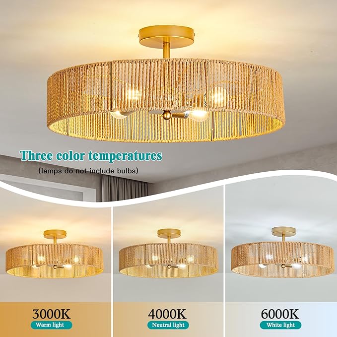 hesoge Boho Rattan Ceiling Light Fixture Vintage Gold Semi Flush Mount Ceiling Light 20 Inches Round 4 Light Chandelier for Farmhouse Hallway Bedroon Living Room Dining Room Kitchen Island