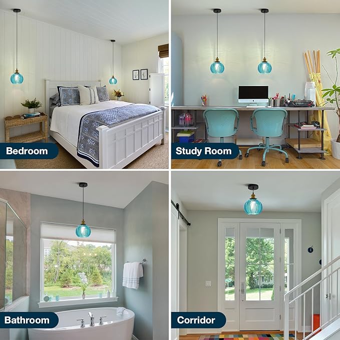 7.8in Vintage Pendant Light 1- Light Kitchen Sink Pendant Lights with Blue Hand Blown Glass Small Hanging Lamp for Kitchen Island Dining Room Bedroom Bathroom Hallway E26
