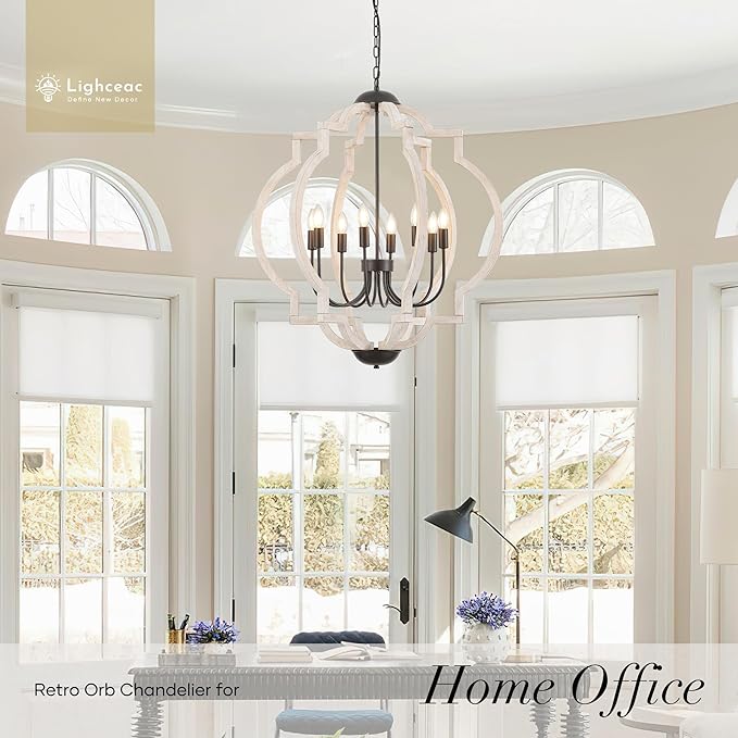 8-Light 30.5" Farmhouse Orb Chandelier Rustic Handmade Distressed White Wood Hanging Ceiling Pendant Light Fixture Wood Lantern Chandeliers for Dining Room Kitchen Bedroom Foyer Hallway