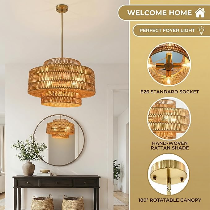 4 Light Pendant Lighting, Farmhouse Hanging Light Fixture for Kitchen Island & Dining Room, Industrial Vintage Ceiling Lamp with E26 Base, Adjustable Height, 20” Large Boho Rattan Chandelier