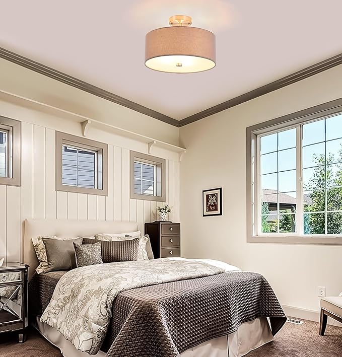 14 inch Semi Flush Mount Ceiling Light: 3-Light Modern Brushed Nickel Light Fixtures Ceiling Mount Lamp, Drum Gray Linen Shade & Glass Diffuser Perfect for Entryway Kitchen(Bulb Exclude)