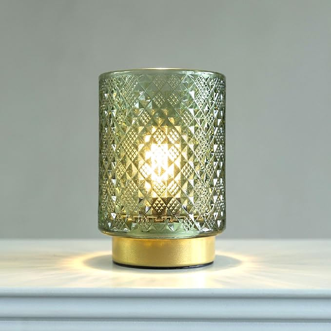 LUSHARBOR Battery Operated Lamp with Timer, Small Table Lamp for Shelf Decor, Glass Cordless Lamps Bedside Cozy Light for Living Room/Coffee Table/Entryway Diamond Design-Green