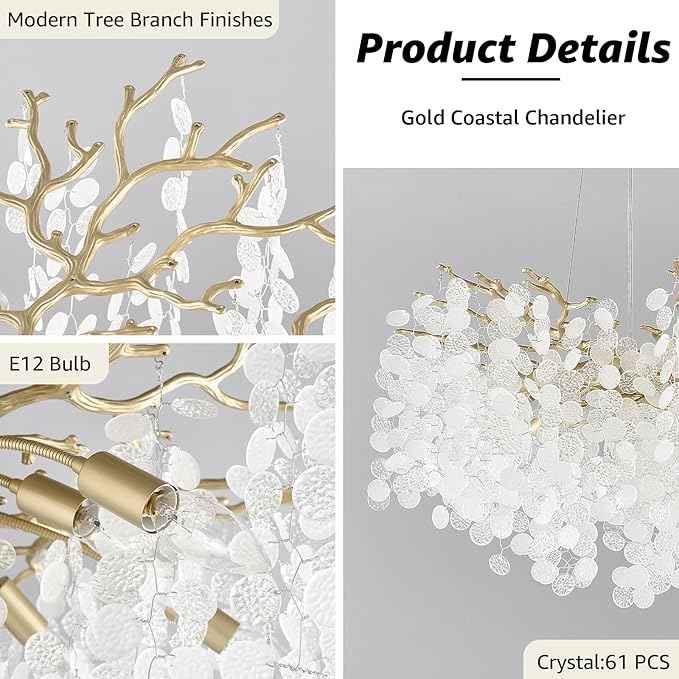 24-Inch Capiz Shell Chandelier, 8-Light Gold Coastal Chandelier, Modern Crystal Tree Branch Chandeliers, Boho Light Fixture for Bedroom, Living Room, Foyer, Entryway, Stairwell