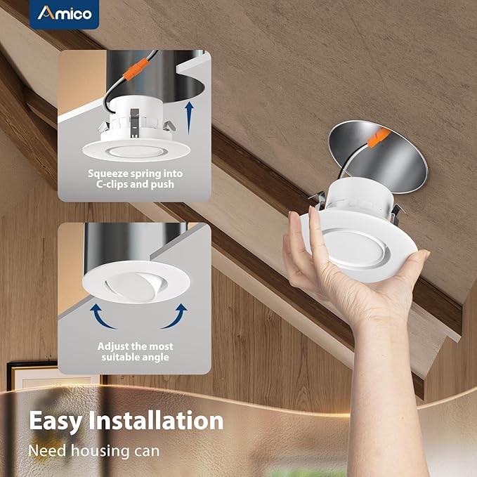 Amico 4 Inch Retrofit Eyeball Gimbal Can Lights 6 Pack, Metal Trim, 5CCT LED Recessed Lights Directional Angled Adjustable Ceiling Downlight, 10W=90W, 900 LM- ETL&FCC