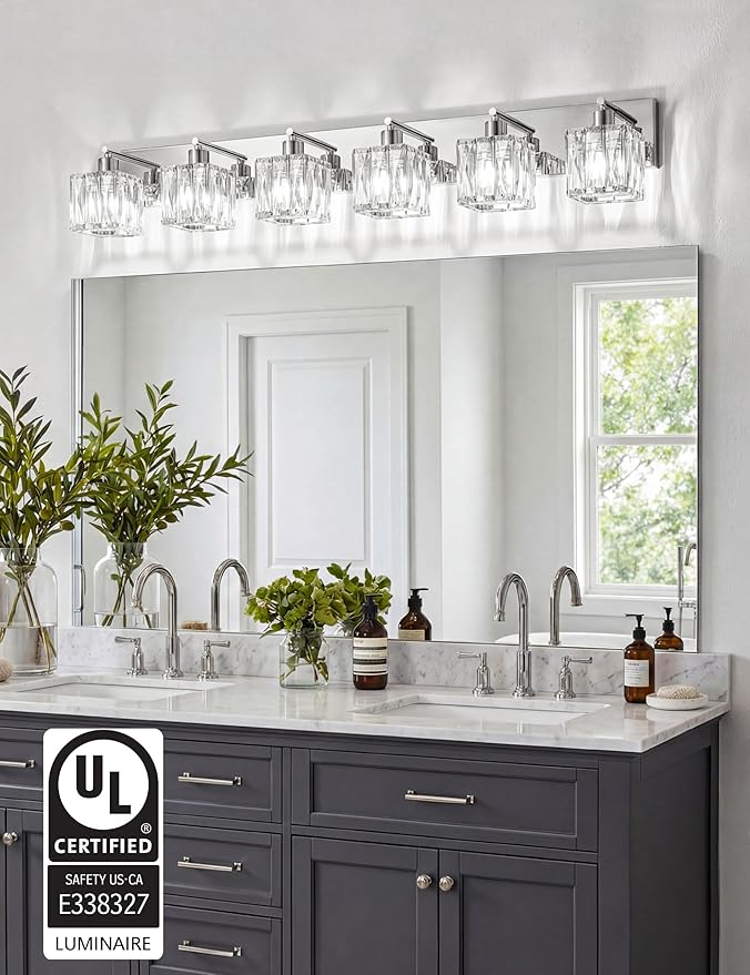 VOLISUN Chrome Bathroom Light Fixtures, Modern Stainless Steel Bathroom Lighting Fixtures Over Mirror, 6 Light Bathrooms Vanity Light, Crystal Vanity Light for Bathrooms-UL Certificated(Exclude Bulb)