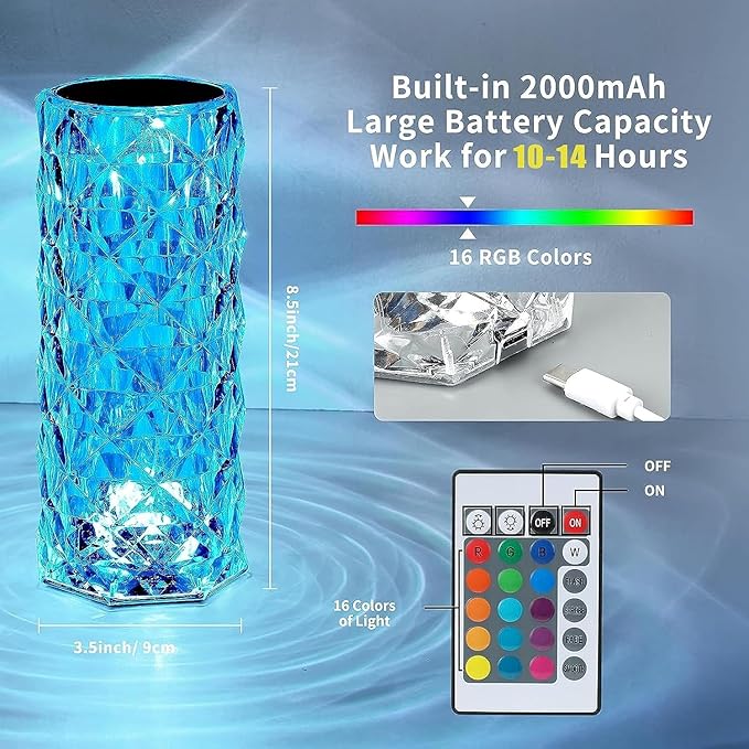 Deogos Crystal Table Lamp, Remote and Touch Control Rose Wave Lamp, RGB Color Changing Night Light, Dimmable, USB Rechargeable Decoration Ambient Lighting for Dinner/Bars/Game room/Living Room/Bedroom