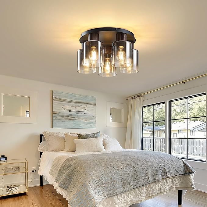 5-Lights Semi Flush Mount Ceiling Light Kitchen Lighting Fixtures Ceiling Black Walnut Wood Kitchen Cieling Light Fixtures with Clear Glass Shade for Dining Room Entryway Foyer Hallway