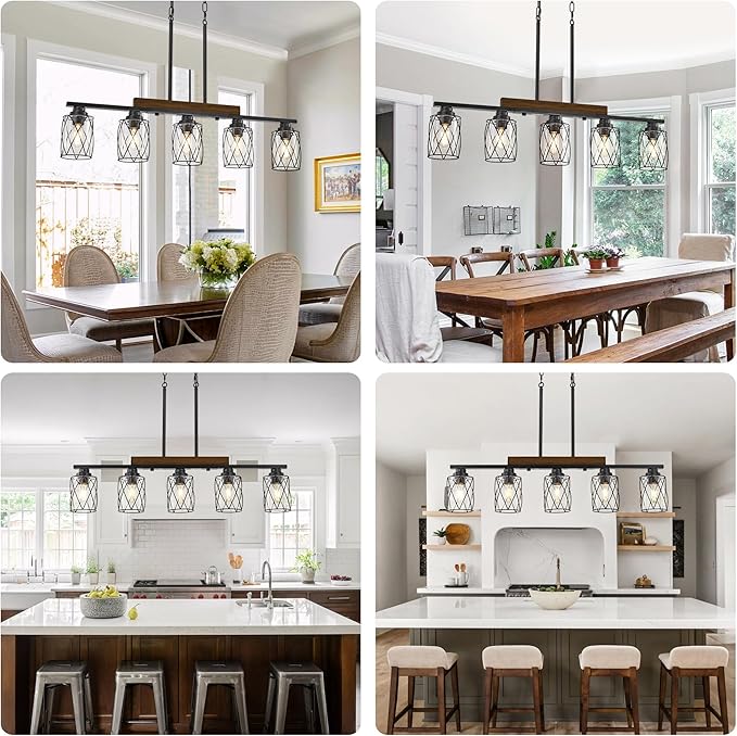 5-Light Dining Room Light Fixture/Chandelier Over Table, Island Lighting Hanging for Farmhouse Linear Chandeliers Matte Black Rustic Wood Ceiling Pendant Light Fixtures, with Clear Glass Shade