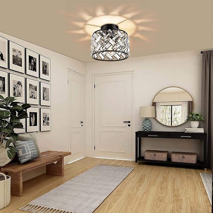 FRIDEKO HOME Crystal Light Fixture Ceiling Mount - Black Hallway Light Fixtures Crystal Semi Flush Mount Ceiling Lights for Kitchen Bedroom Bathroom Entryway（8.86 Inch, Bulb not Included）