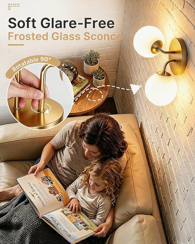 Yunnix Gold Bathroom Vanity Light, 2-Light Modern Globe Vanity Lighting Fixtures with Milk White Glass Shade, Mid Century Vanity Lights Wall Sconce Over Mirror for Hallway Entryway Set of 2