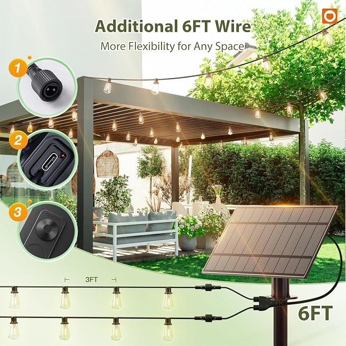 addlon 102(96+6) FT Solar String Lights Waterproof,Patio Light Solar Powered with Remote & USB Port 3 Modes, 48+4 LED Shatterproof Bulbs Outdoor Lighting for Camping Porch Backyard Garden
