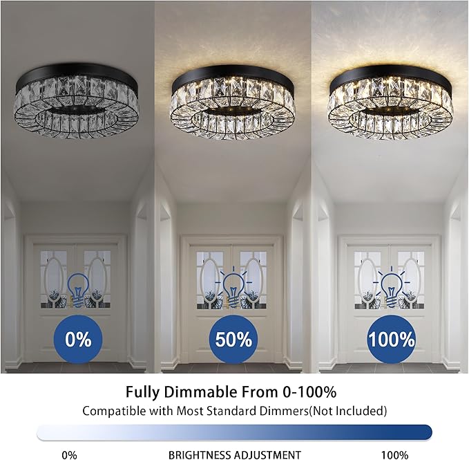 MEXO Crystal LED Flush Mount Ceiling Light Fixtures Modern Black LED Chandelier Lighting for Kitchen Closet Hallway Bedroom Foyer Laundry Room