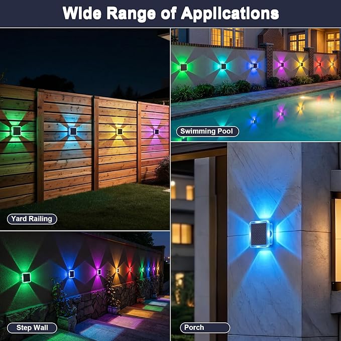 AUDLES Solar Lights Outdoor Waterproof, 4-Sided Glow Solar Wall Lights, Warm White & RGB 8 Modes Color Changing Solar Fence Lights for Doorway Patio Deck Backyard-8 Pack