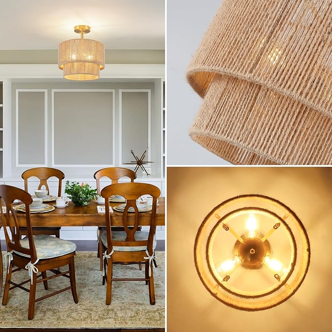 3-Light Boho Light Fixtures Ceiling Mount, 12.6" Rattan Semi Flush Ceiling Light with 2-Tier Shade, Rustic Hand-Woven Chandelier for Hallway Kitchen Foyer Farmhouse Bedroom