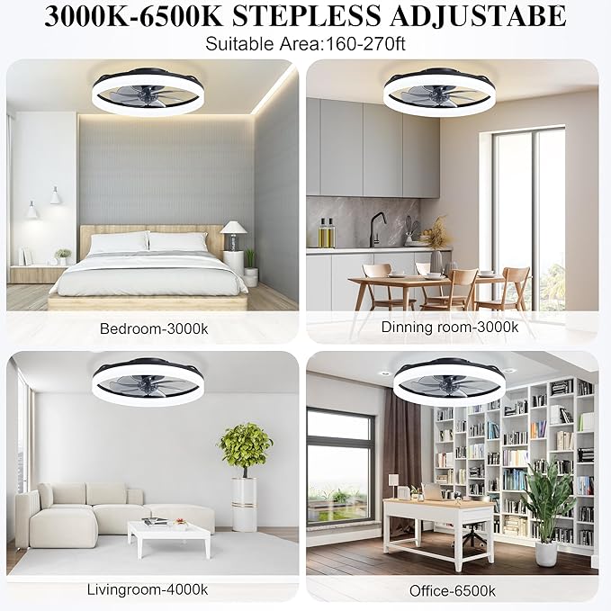 Ceiling Fans with Remote and Lights Fandelier - 20'' Low Profile Flush Mount Modern Black Ceiling Fans for Bedroom - 6 Speeds and Stepless Color Temperature Change