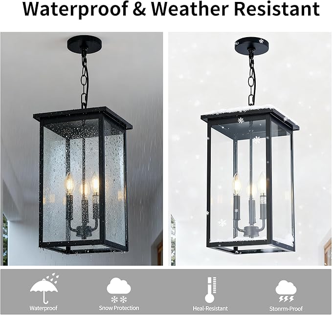 Large Outdoor Chandeliers, Black 3-Lights Outdoor Ceiling Hanging Lanterns with Clear Glass, Exterior Gazebo Light for Patio,Porch,Yard,Gara