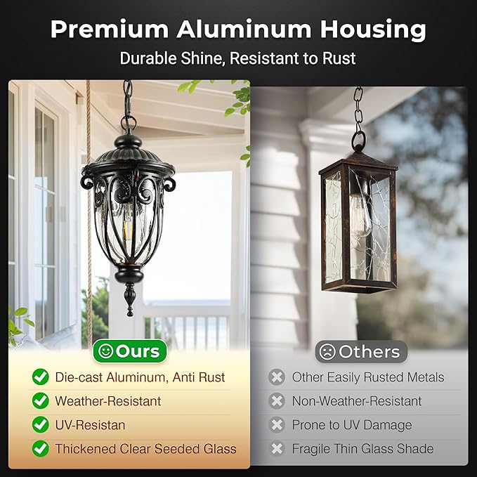 VIANIS Dusk to Dawn Outdoor Hanging Lights, Bronze Vintage Outdoor Pendant Light, Waterproof with Seed Glass, Anti-Rust Adjustable Length Chandelier, Porch Ceiling Light for Garden, Yard, Doorway