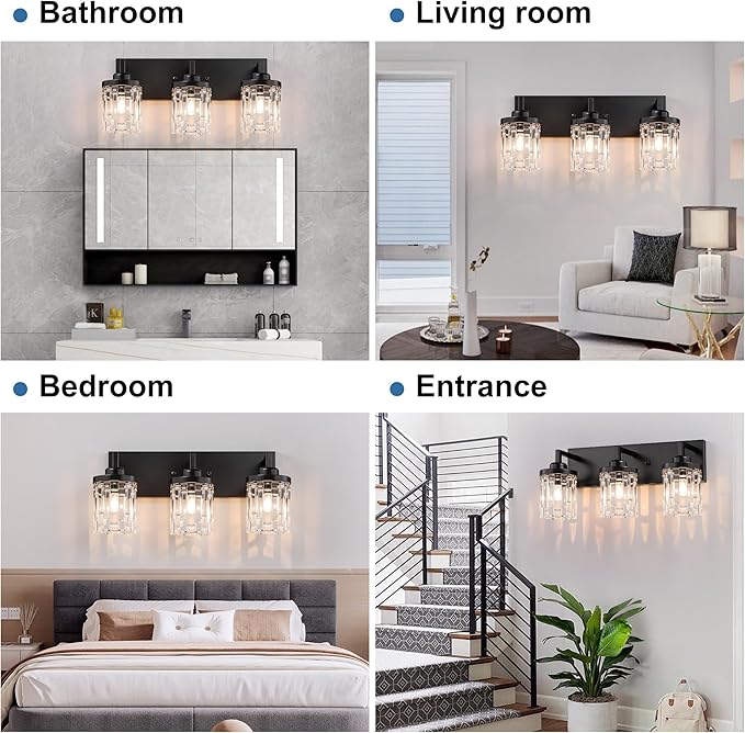 maesta Black Vanity Light, 3 Light Crystal Modern Farmhouse Bathroom Light Fixtures, with Crystal Glass Shade, Rustic Black Bathroom Wall Light Over Mirror for Living Room, Bedroom, Hallway