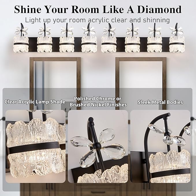 Bathroom Lights Over Mirror - Makeup Lighting Black - Bathroom Vanity Light with Acrylic Shades for Bath, Makeup Desk, Farmhouse, Hallway, 4-Light