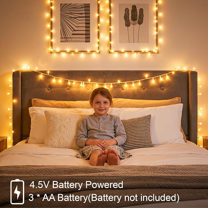 Ollny Fairy Lights Battery Operated, 100 LED 33FT Battery Powered String Lights, 8 Modes Waterproof LED Light for Bedroom Indoor Outdoor Camping Classroom Party Decor, Warm White