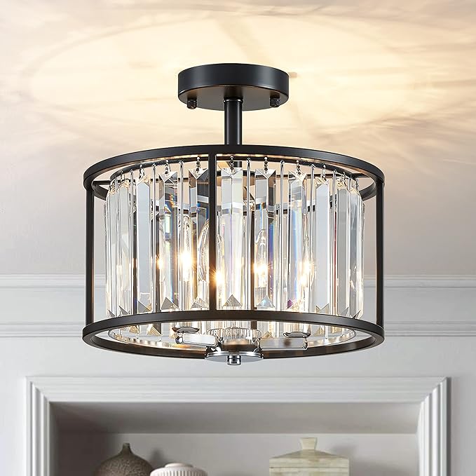AGV LIGHTING CL005BB K9 Crystal Semi Flush Mount Ceiling Light Fixture, Modern Design, E12 Base 3-Lights, D13 x H15, Chrome & Matte Black Finish Metal Frame