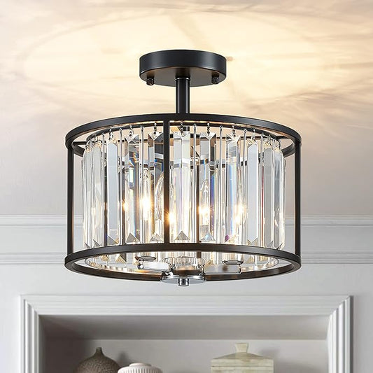 AGV LIGHTING CL005BB K9 Crystal Semi Flush Mount Ceiling Light Fixture, Modern Design, E12 Base 3-Lights, D13 x H15, Chrome & Matte Black Finish Metal Frame