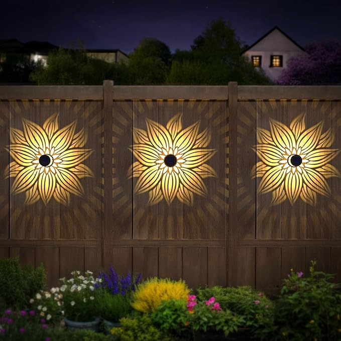 Hapjoy Solar Fence Lights 2 Pack Outdoor Deck Step Wall Lights Metal Waterproof LED Warm Yellow Light for Garden Post Patio Backyard Yard Decor (Flower, 2)